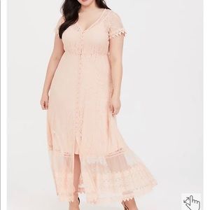 Peach Pink Lace Button front Maxi Dress
